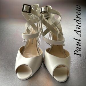 SEXY AF PAUL ANDREW CRISS CROSS STILETTO IVORY SANDALS (SZ 39 / FITS AS 7.5)